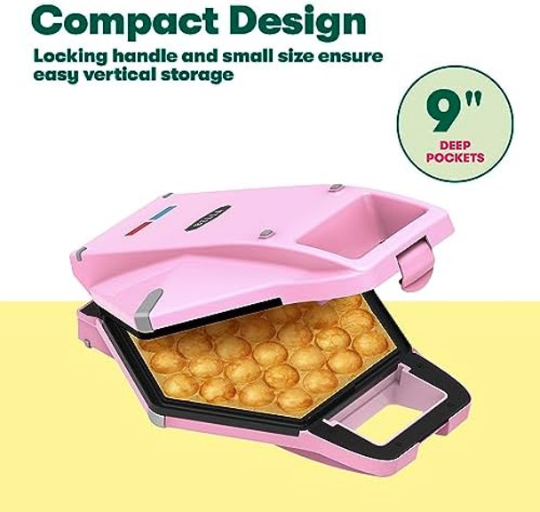 Bella Bubble Waffle Maker For Hong Kong Style Breakfast Dessert 9" Waffles Non-Stick Iron Plates For Easy Cleaning And Food Release Cone Rack Included Pink