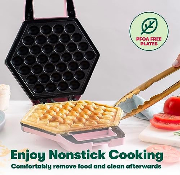 Bella Bubble Waffle Maker For Hong Kong Style Breakfast Dessert 9" Waffles Non-Stick Iron Plates For Easy Cleaning And Food Release Cone Rack Included Pink