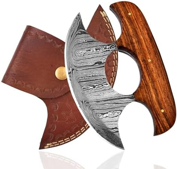 Damascus Alaskan Ulu Knife With Sheath Handmade 6" Alaska Knives Pizza Cutter Rocker Knife Mezzaluna Knife With Sheath Damascus Knives For Skinning