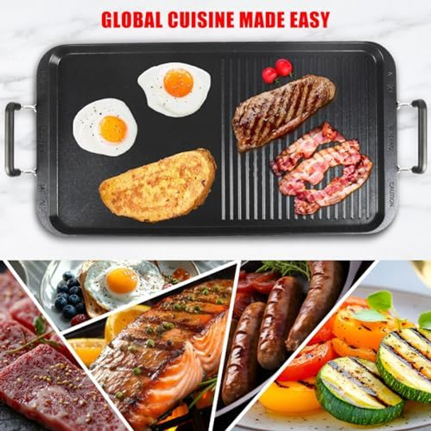 Grill Pans For Stove Tops 20"X10" Non-Flip Grill & Griddle Pan- Dual Zone Pfoa- Aluminum Electric Stovetops/Gas/Camping