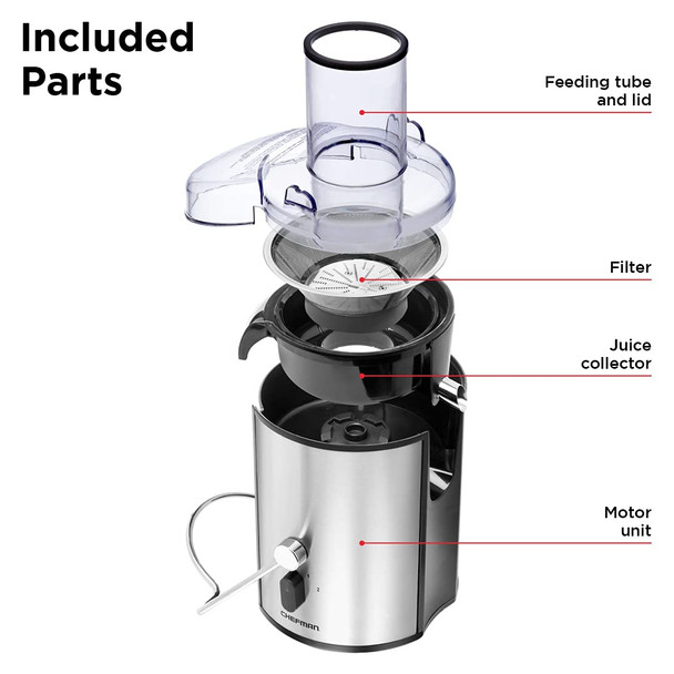 Chefman 2-Speed Electric Juicer Extra-Wide Feeding Tube For Whole Fruits Make Nutritious Vegetable And Green Juice Detachable 1 Quart Pitcher Built In Foam Separator Dishwasher Safe Parts