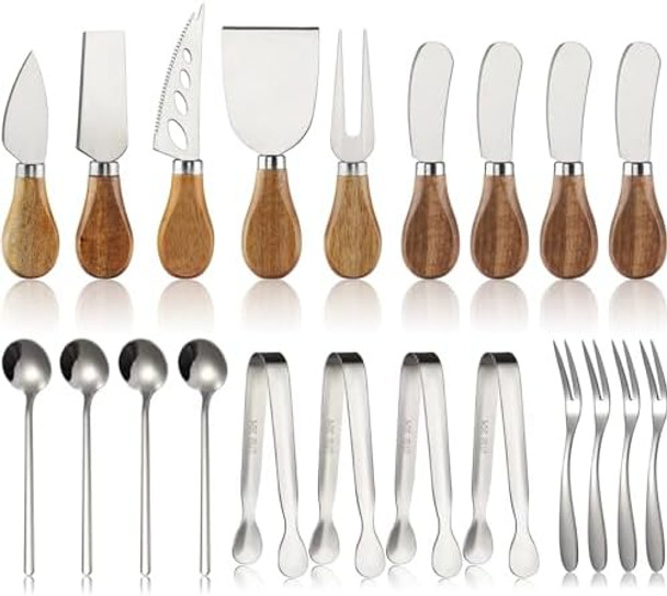 Charcuterie Boards Accessories Stainless Steel Cheese Knife Set Of 21 Wooden Handle Cheese Spreader Knives With Mini Serving Tongs Spoons Forks