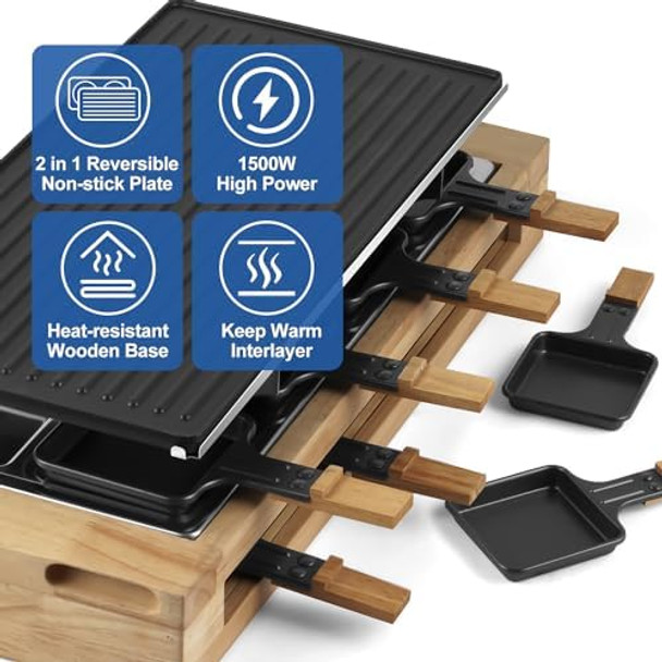 Indoor Grill Cusimax Raclette Table Grill 1500W Electric Grill Korean Bbq Grill With 2 In 1 Reversible Non-Stick Plate/Wooden Base Party Grill With 8 Trays & Wooden Spatulas Model