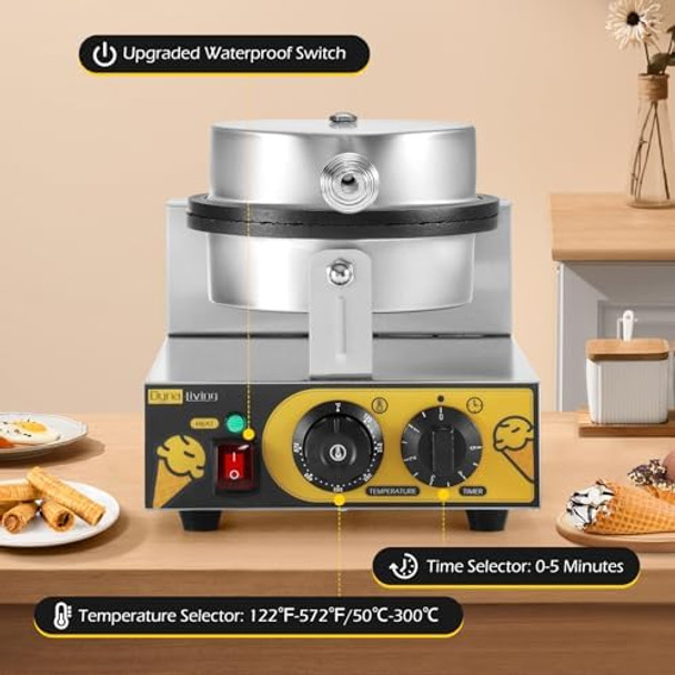 Dyna-Living Ice Cream Cone Maker Commercial Waffle Cone Machine Electric Stainless Steel Waffle Bowl Cone Maker For Restaurant Home Kitchen Bakeries Snack Bar Use (110V 1250W)
