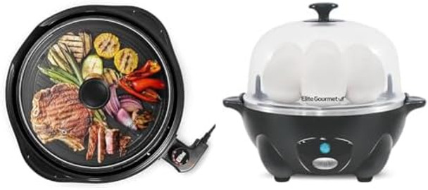 Elite Gourmet 11" Electric Indoor Grill 7-Egg Cooker Poacher Omelet Maker Bundle