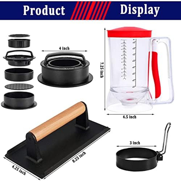 Breakfast Kit For Blackstone Grill 7 Piece Griddle Accessories Set - Including Pancake Batter Dispenser Bacon Press Egg Rings Hamburger Press Patty Maker