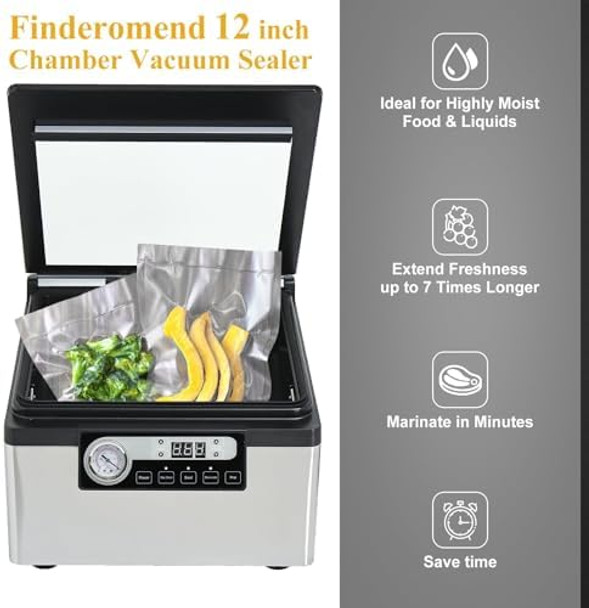 Finderomend 12 Inch Chamber Vacuum Sealer Commercial Vacuum Sealer With Marinades Function Dry/Moist Vacuum Chamber Sealer For Beans Sauces Soups And Meat