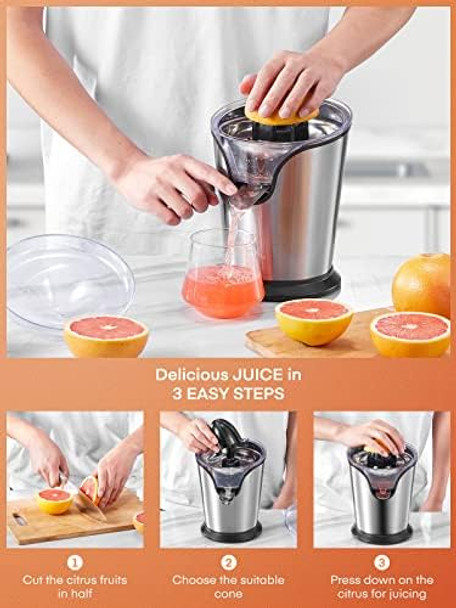 Fohere Orange Juicer Squeezer Electric Citrus Juicer With Two Interchangeable Cones Suitable For Orange Lemon And Grapefruit Brushed Stainless Steel