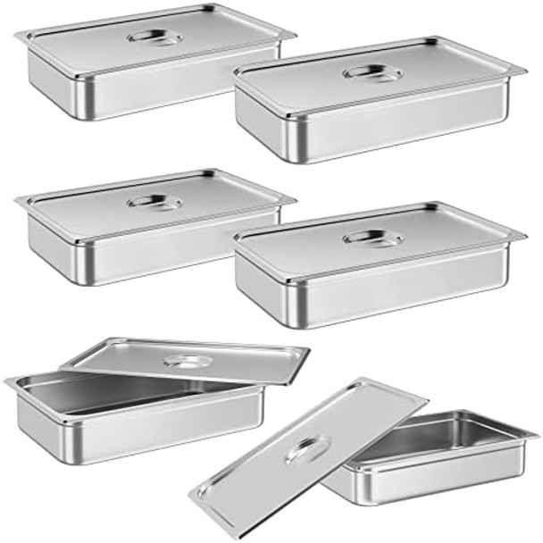 6 Pack Steam Table Pan Full Size Hotel Pan [Nsf ][With Lid] Catering Food Pan Commercial Stainless Steel 4 Inch Deep Anti-Jamming