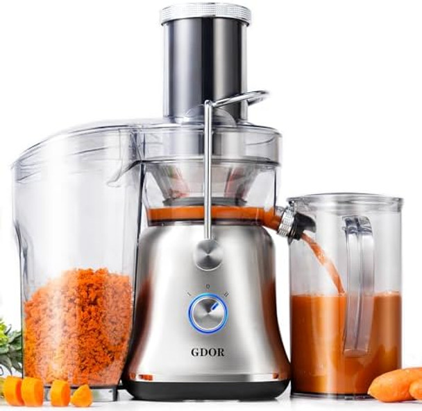 Gdor 1300W Powerful Juicer With Larger 3.4" Feed Chute Titanium Enhanced Cutting System Centrifugal Juice Extractor Maker With Heavy Duty Full Copper Motor Dual Speeds Bpa- Silver