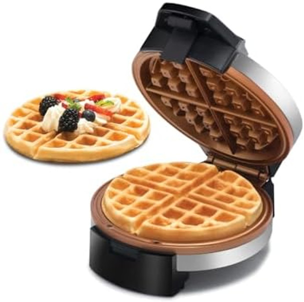 Gourmia Gwm468 Dual Pour Waffle Maker With Easy Pour Spout + Horizontal Pour Angled Cooking 5 Shade Settings And Indicator Lights - Recipe Book Included