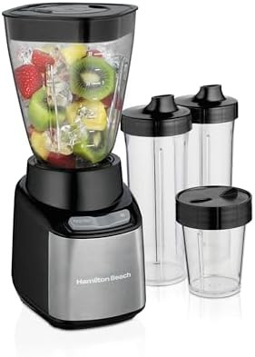 Hamilton Beach Multiblend Smoothie Blender With 4 Shatterproof Bpa Jars And Lids Large 32Oz Jar 8Oz Grinder For Nuts & Spices And 2 Portable Travel Cups 650 Watts Black And Stainless (52400)