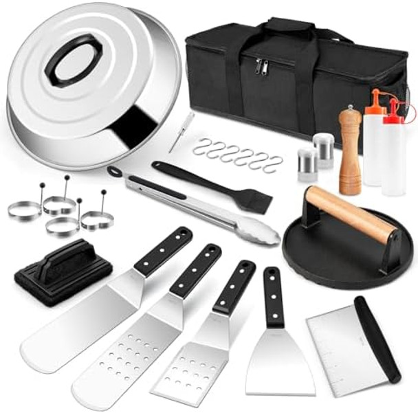 Hasteel Griddle Accessories Kit Of 28 Heavy Duty 18/10 Stainless Steel Teppanyaki Spatula For Flat Top Barbecue Professional Grill Bbq Cooking Tools Set Indoor Outdoor Wooden Handle & Melting Dome