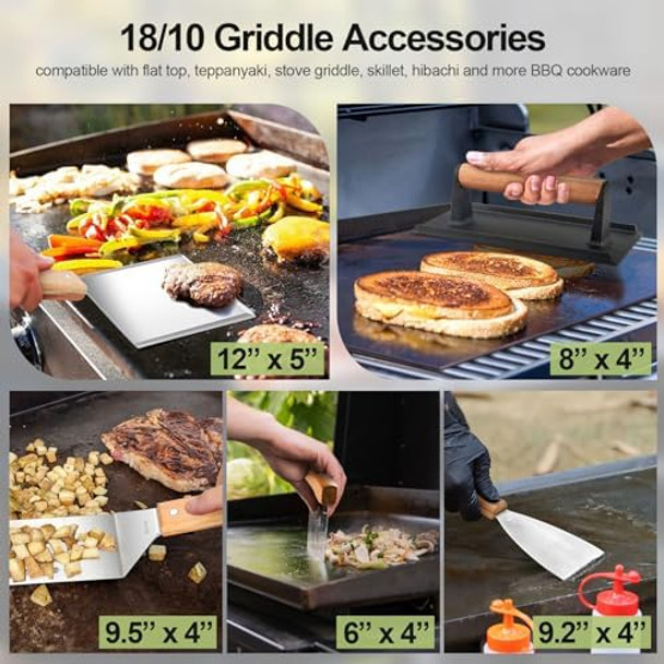 Hasteel Griddle Accessories Kit Of 28 Heavy Duty 18/10 Stainless Steel Teppanyaki Spatula For Flat Top Barbecue Professional Grill Bbq Cooking Tools Set Indoor Outdoor Wooden Handle & Melting Dome