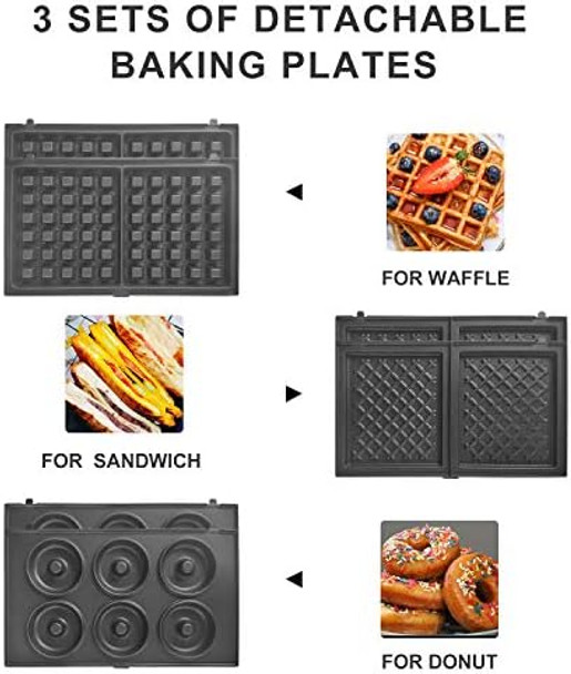 Multi Baker With 3 Sets Of Interchangeable Plates For Making Belgian Waffle Gourmet Sandwich Doughnuts And More Snacks