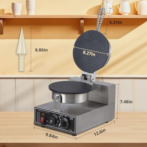 1300W/110V Commercial Ice Cream Cone Maker Machine - Multi-Purpose Stainless Steel Waffle Cone Bowl & Egg Roll Mold Maker - Adjustable Temp/Timer For Shops Cafes Food Trucks
