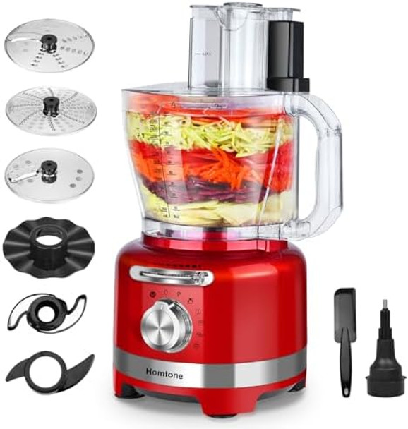 Homtone 16 Cup Food Processor Large Food Processors 6 Preset Modes Vegetable Chopper Electric 6 Blades 8 Functions For Home Use Stepless Speed Control 650W Red