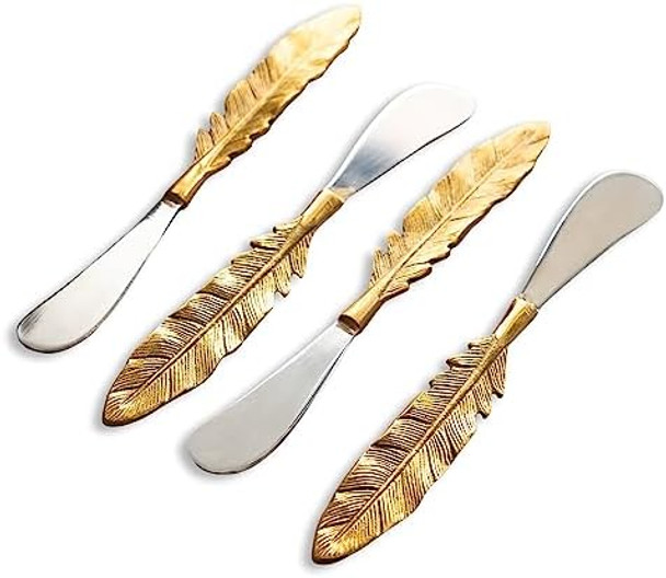 India Handicrafts 75026 Brassy Leaf 7 Inch Stainless Steel Kitchen Serving Cheese Spreader Knives Set Of 4