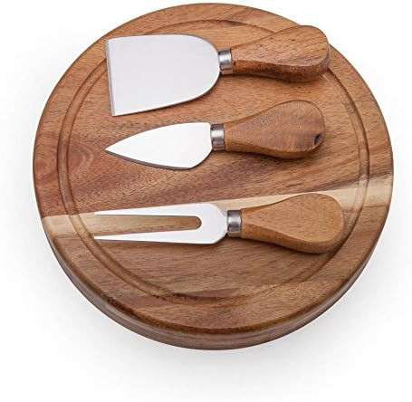 Ileaf Round Slide-Out Acacia Wood Cheese Board And 3 Piece Cheese Tool Set 7.5 Inch Diameter