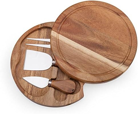 Ileaf Round Slide-Out Acacia Wood Cheese Board And 3 Piece Cheese Tool Set 7.5 Inch Diameter
