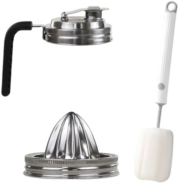 Stainless Steel Mason Jar Pour Spout & Juicer Lid Reusable Leaking Proof Flip Cap With Handle Citrus Reamer For Wide Mouth Jars - Includes Bottle Cleaning Brush Stainless Steel Mason Jar Pour Spout & Juicer Lid Reusable Leaking Proof Flip Cap With Handle Citrus Reamer For Wide Mouth Jars - Includes Bottle Cleaning Brush