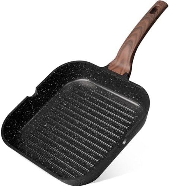 Kikcoin Nonstick Grill Pan For Indoor Cooking，9.5 Inch Versatile Griddle For Stove Tops Steak Pan With Pour Spouts