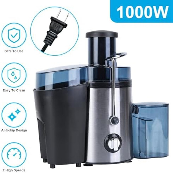 1000W Centrifugal Juicer Machines Vegetable And Fruit - 2 Speeds Wide Mouth 2.6” Feed Chute 304 Stainless Steel Juice Extractor With 17Oz Juicer Cup And 54Oz Pulp Collector