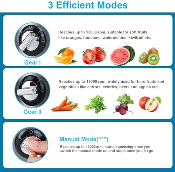 1000W Centrifugal Juicer Machines Vegetable And Fruit - 2 Speeds Wide Mouth 2.6” Feed Chute 304 Stainless Steel Juice Extractor With 17Oz Juicer Cup And 54Oz Pulp Collector