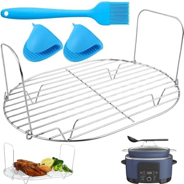 Steam And Roast Rack Compatible With Ninja Foodi Possible Cooker Pro 8.5 Qt Mc1000 Mc1001 Mc1010 Series Slow Cooker Crock Pot- 304 Stainless Steel Rack With Gloves & Oil Brush