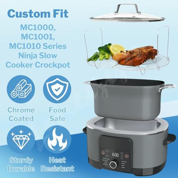 Steam And Roast Rack Compatible With Ninja Foodi Possible Cooker Pro 8.5 Qt Mc1000 Mc1001 Mc1010 Series Slow Cooker Crock Pot- 304 Stainless Steel Rack With Gloves & Oil Brush