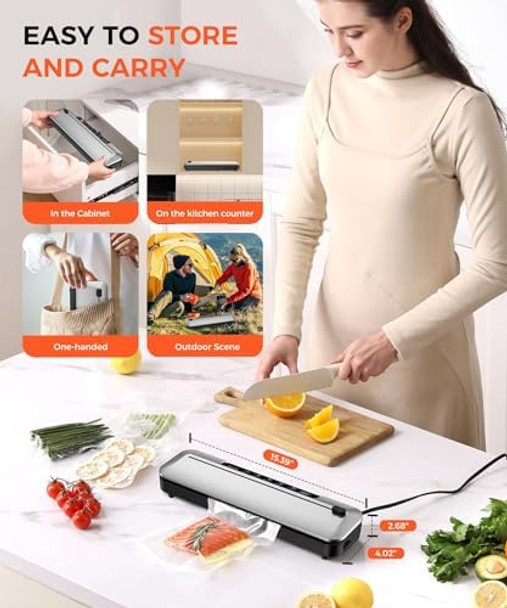 Vacuum Sealer Machine75 Kpa Precision Suction Power 6-In-1 Food Sealer With Digital Timer Dry & Moist Food Modes Compact Design With 10 Vacuum Bags & Built-In Cutter(Sliver)