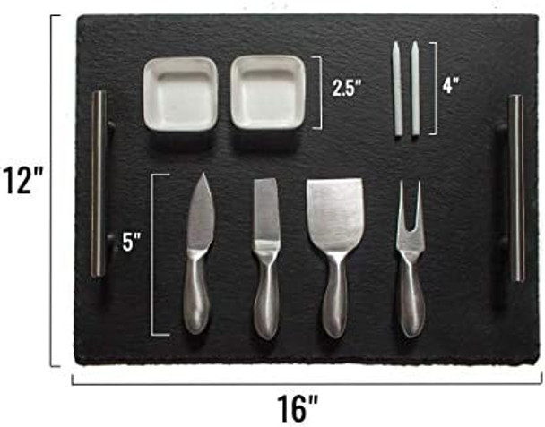 Slate Cheese Board Set With Handles 9 Pcs - 12" X 16" Serving Tray Stainless Steel Cheese Knife Set With Ceramic Bowls + Soapstone Chalk