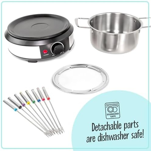 Nostalgia 6-Cup Electric Fondue Pot Set For Cheese & Chocolate - 6 Color-Coded Forks Temperature Control - Stainless Steel Kitchen Gadgets And Appliances For Hors D'Oeuvres And More - Stainless Steel