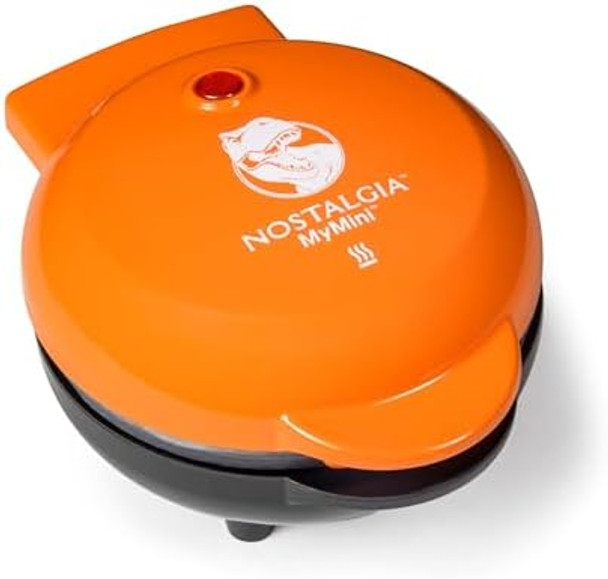 Nostalgia Mymini Dinosaurs Shape Electric Waffle Maker 5-Inch Non-Stick Griddle For Waffles Hash Browns Eggs And More Orange