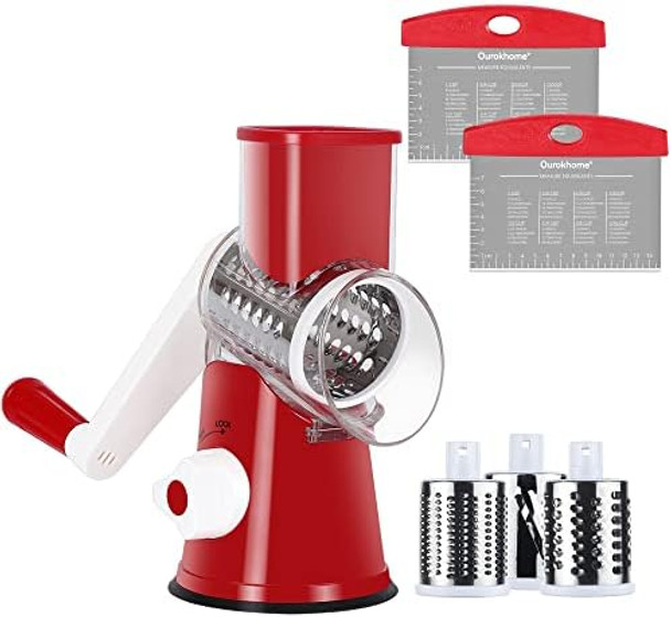 Ourokhome Rotary Cheese Grater Shredder And Pastry Dough Bench Scraper Knife With Vegetable Peeler And Cleaning Brush (Red)