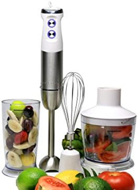 Ovente Immersion Handheld Electric Blender Set With Stainless Steel Blades 500 Watt Power 6 Mix Speed Stick Blender With Beater Egg Whisk Attachment Mixing Beaker And Food Processor White Hs685W