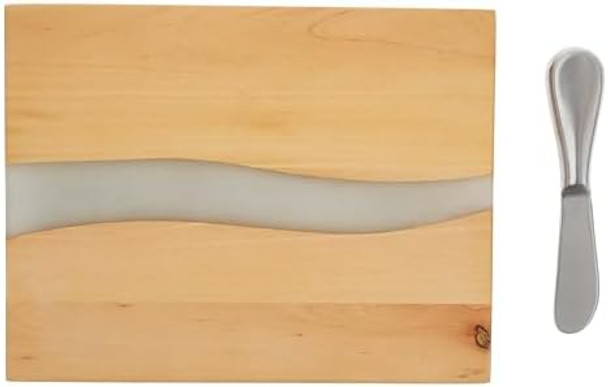 Pavilion Company - Celebrate Together - 21" X 6" Serving Cheese Bread Wooden Resin Board With Brushed Silver Handles And Spreader Knife Set Housewarming Hostess Host Charcuterie Bff Present