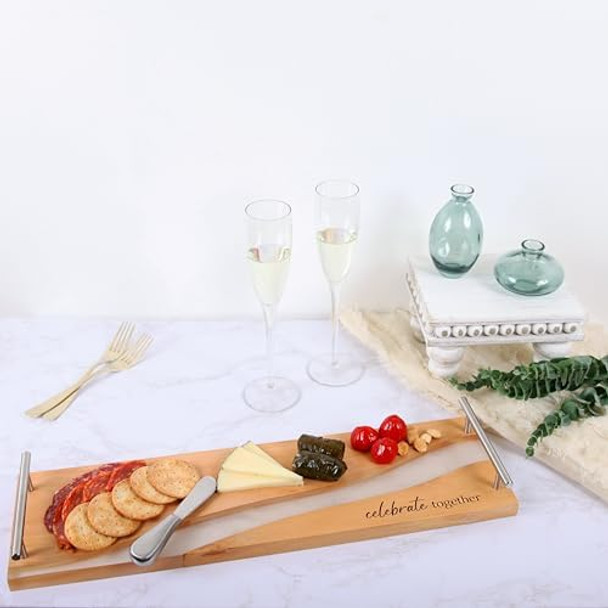 Pavilion Company - Life Is Better With Friends & Family - 21"X6" Serving Cheese Bread Wooden & Resin Board With Silver Handles And Spreader Knife Set Housewarming Hostess Host Charcuterie Present