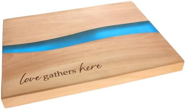 Pavilion Company - Love Gathers Here - 9" X 7" Serving Cheese Bread Wooden & Resin Board With Brushed Silver Spreader Knife Set Housewarming Hostess Host Charcuterie Present