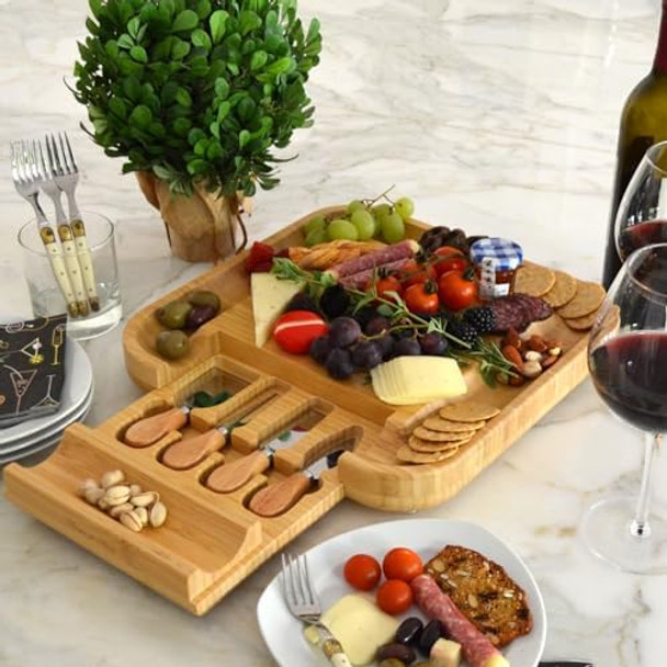 Picnic At Ascot Original Bamboo Cheese/Charcuterie Board With Cracker Groove & Drawer With Cheese Tools - Designed & Quality Checked In The Usa