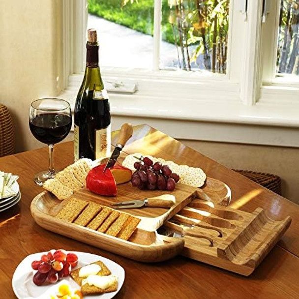 Picnic At Ascot Original Bamboo Cheese/Charcuterie Board With Cracker Groove & Drawer With Cheese Tools - Designed & Quality Checked In The Usa