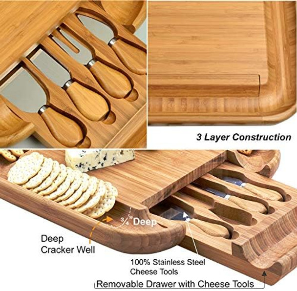 Picnic At Ascot Original Bamboo Cheese/Charcuterie Board With Cracker Groove & Drawer With Cheese Tools - Designed & Quality Checked In The Usa Picnic At Ascot Original Bamboo Cheese/Charcuterie Board With Cracker Groove & Drawer With Cheese Tools - Designed & Quality Checked In The Usa