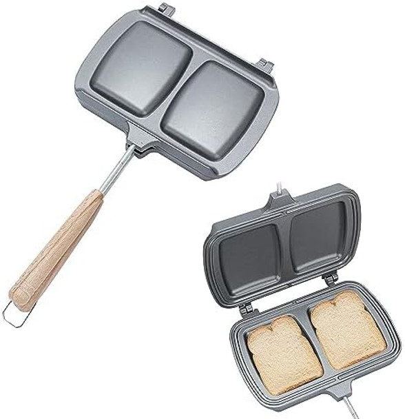 Qivine Hot Sandwich Maker 4W1H Sandwich Maker Double Sided Pie Iron Non-Stick Cast Iron Sandwich Maker Panini Press Pan With Removable Handles For Breakfast Pancakes Toast Omelets (Type A)