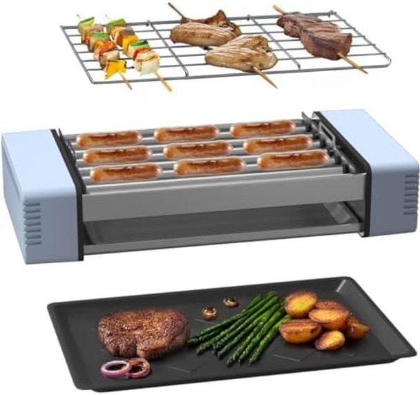 3 In 1 Electric Hot Dog Roller Machine For HomeCompact Indoor Grill With Removable 6 Hotdog Roller Grill Nonstick Grate & PanFits 9 Sausage For Family BbqGame Night