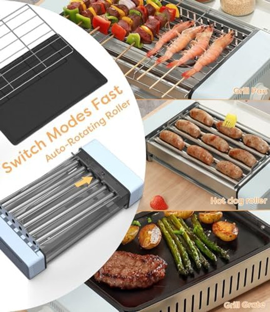 3 In 1 Electric Hot Dog Roller Machine For HomeCompact Indoor Grill With Removable 6 Hotdog Roller Grill Nonstick Grate & PanFits 9 Sausage For Family BbqGame Night