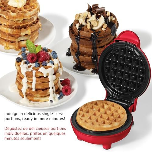 Starfrit Electric Mini Waffle Maker 4" Non-Stick Cooking Surface Easy To Use & Clean 350W Red