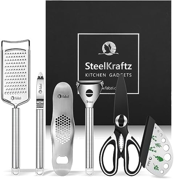 Kitchen Gadgets Kit - 6-In-1 Ergonomic Stainless Steel Cutting Utensils - Cheese Grater Herb Stripper Garlic Crusher Kitchen Scissors I-Shaped And Y-Shaped Peeler