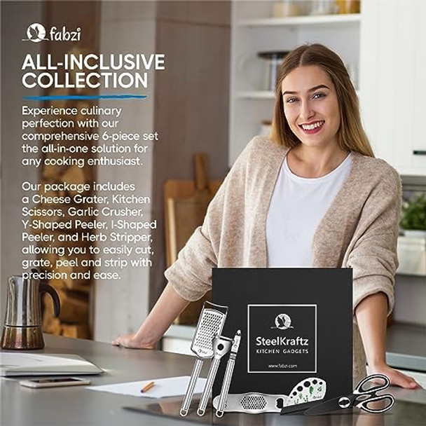 Kitchen Gadgets Kit - 6-In-1 Ergonomic Stainless Steel Cutting Utensils - Cheese Grater Herb Stripper Garlic Crusher Kitchen Scissors I-Shaped And Y-Shaped Peeler
