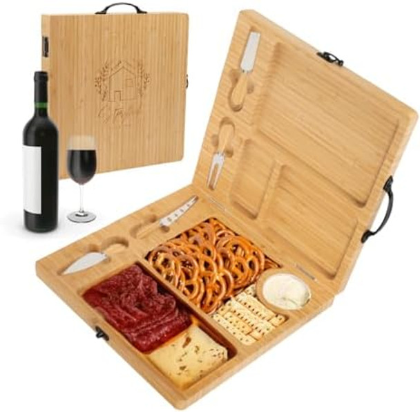 Charcuterie Board - Large Bamboo Cheese Board With Magnetic Knife Set - Wooden Cheese Platter - Foldable Charcuterie Board For House Warming s Home & Wedding s Charcuterie Board - Large Bamboo Cheese Board With Magnetic Knife Set - Wooden Cheese Platter - Foldable Charcuterie Board For House Warming s Home & Wedding s