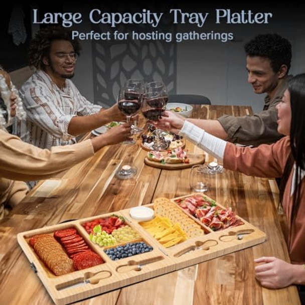 Charcuterie Board - Large Bamboo Cheese Board With Magnetic Knife Set - Wooden Cheese Platter - Foldable Charcuterie Board For House Warming s Home & Wedding s Charcuterie Board - Large Bamboo Cheese Board With Magnetic Knife Set - Wooden Cheese Platter - Foldable Charcuterie Board For House Warming s Home & Wedding s